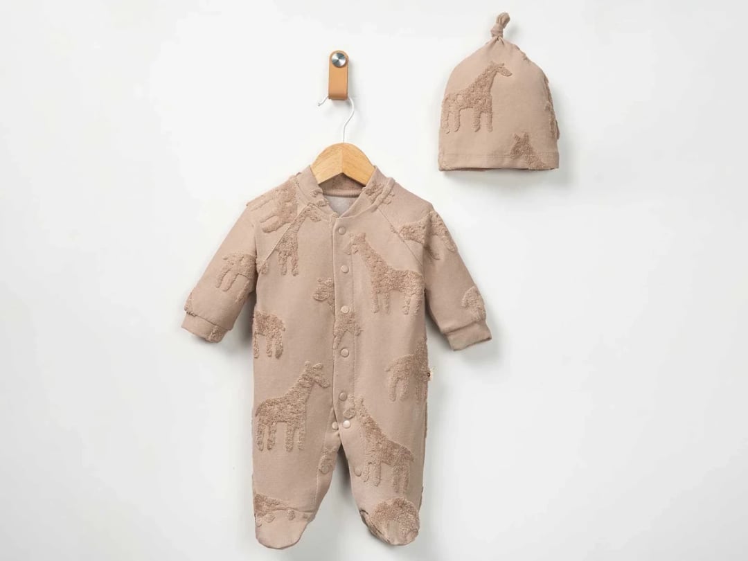 Giraffe Print Baby Romper and Hat Set (Brown) - Pookie - by Peralane
