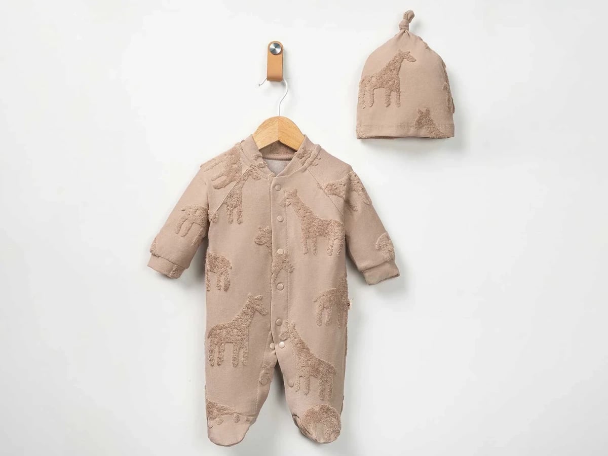 Giraffe Print Baby Romper and Hat Set (Brown) - Pookie - by Peralane