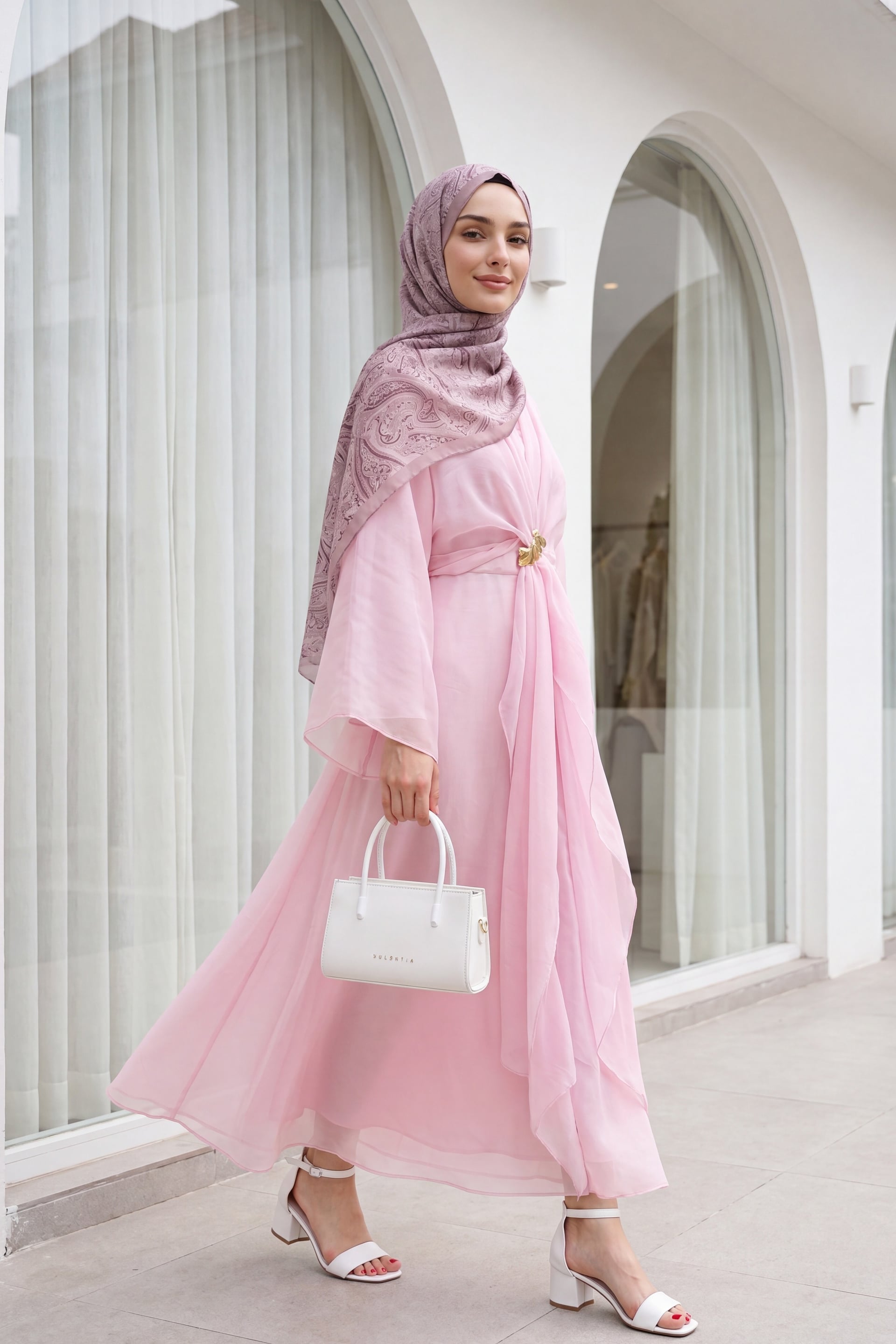 Long Tulle Modal Dress with Tie Belt and Detachable Bolero - Pink - Podyumplus - by Peralane - photo 4