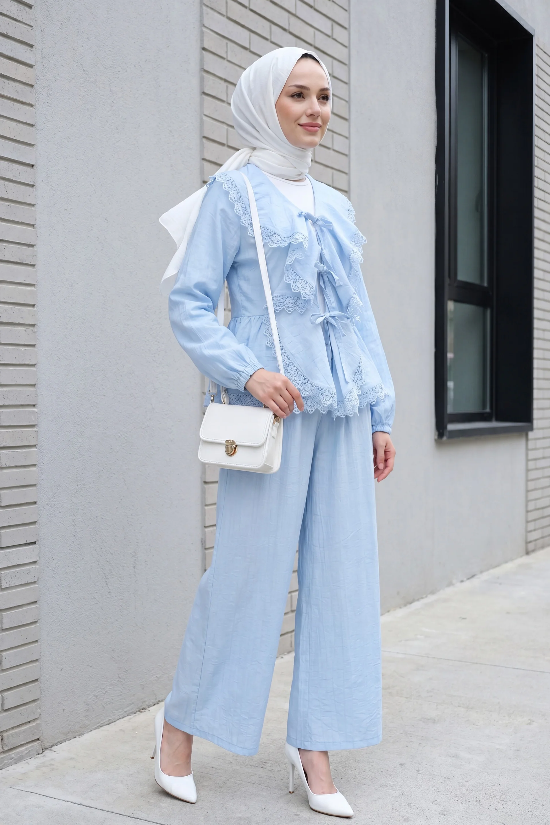 Lace Detail Tie-Front Wide-Leg Co-ord Set in Baby Blue - Podyumplus - by Peralane