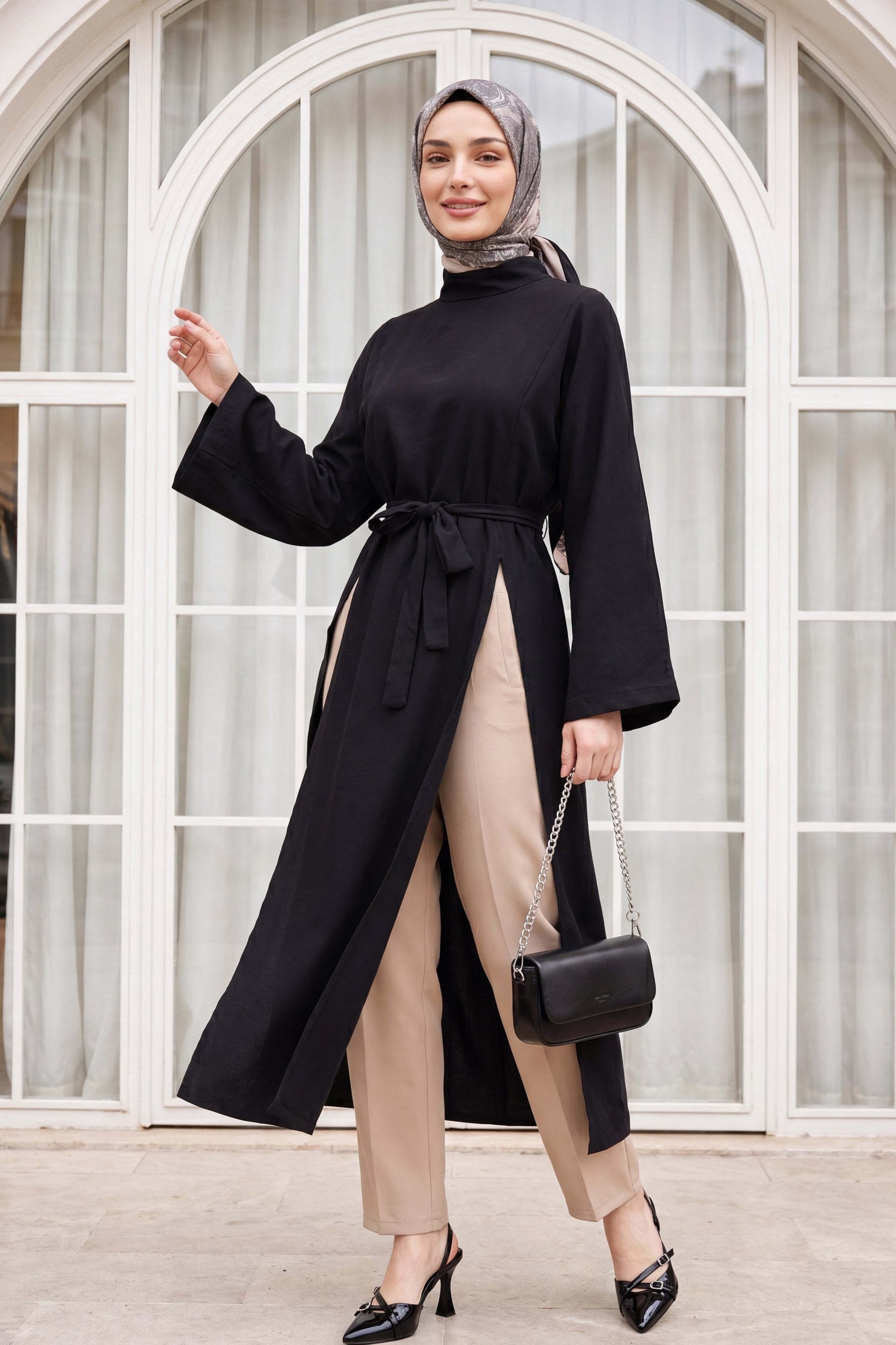 Hakim Collar Deep Slit Belted Long Modal Tunic - Black - Podyumplus - by Peralane