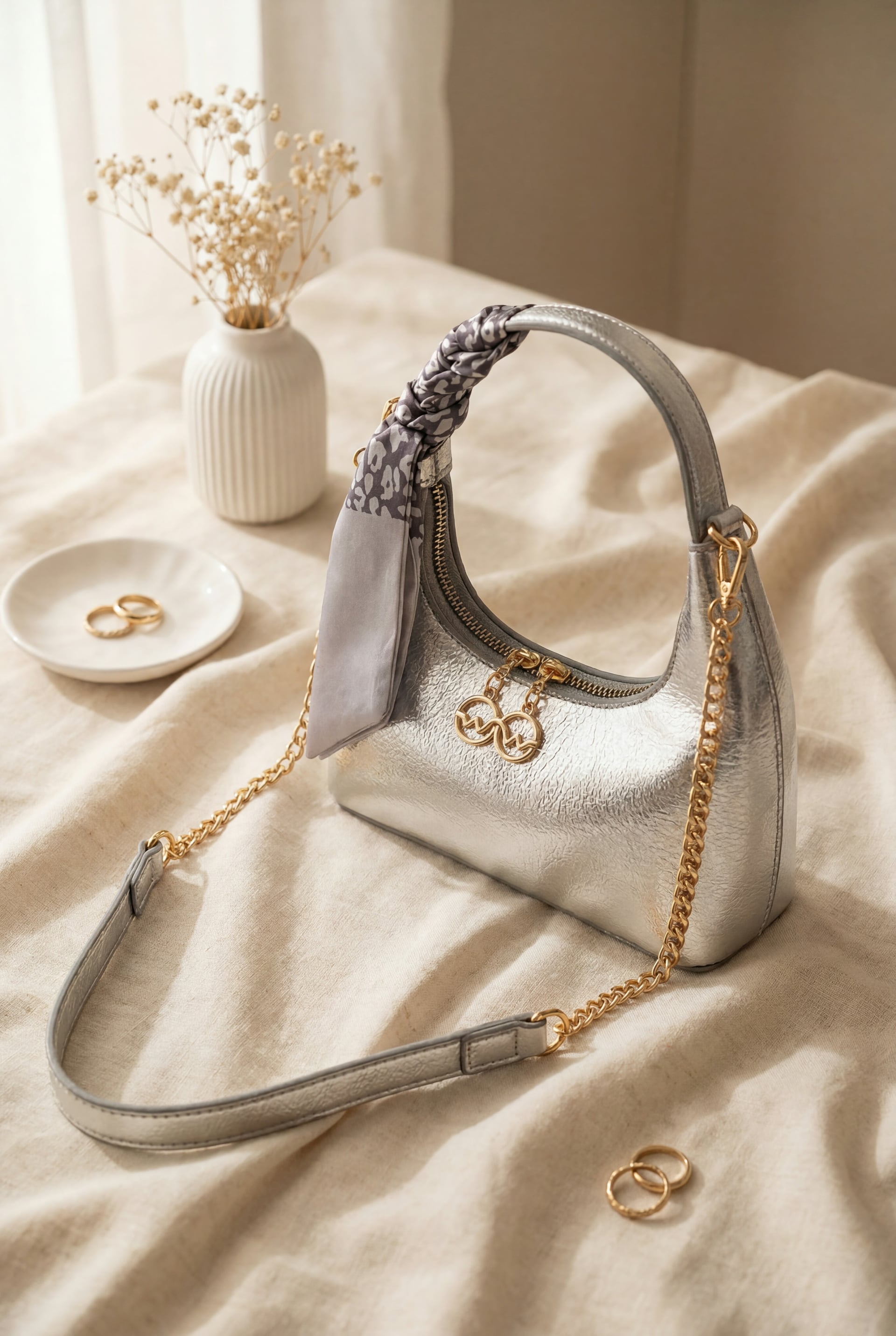 Silver Scarf Detail Chain Strap Handbag - Podyumplus - by Peralane