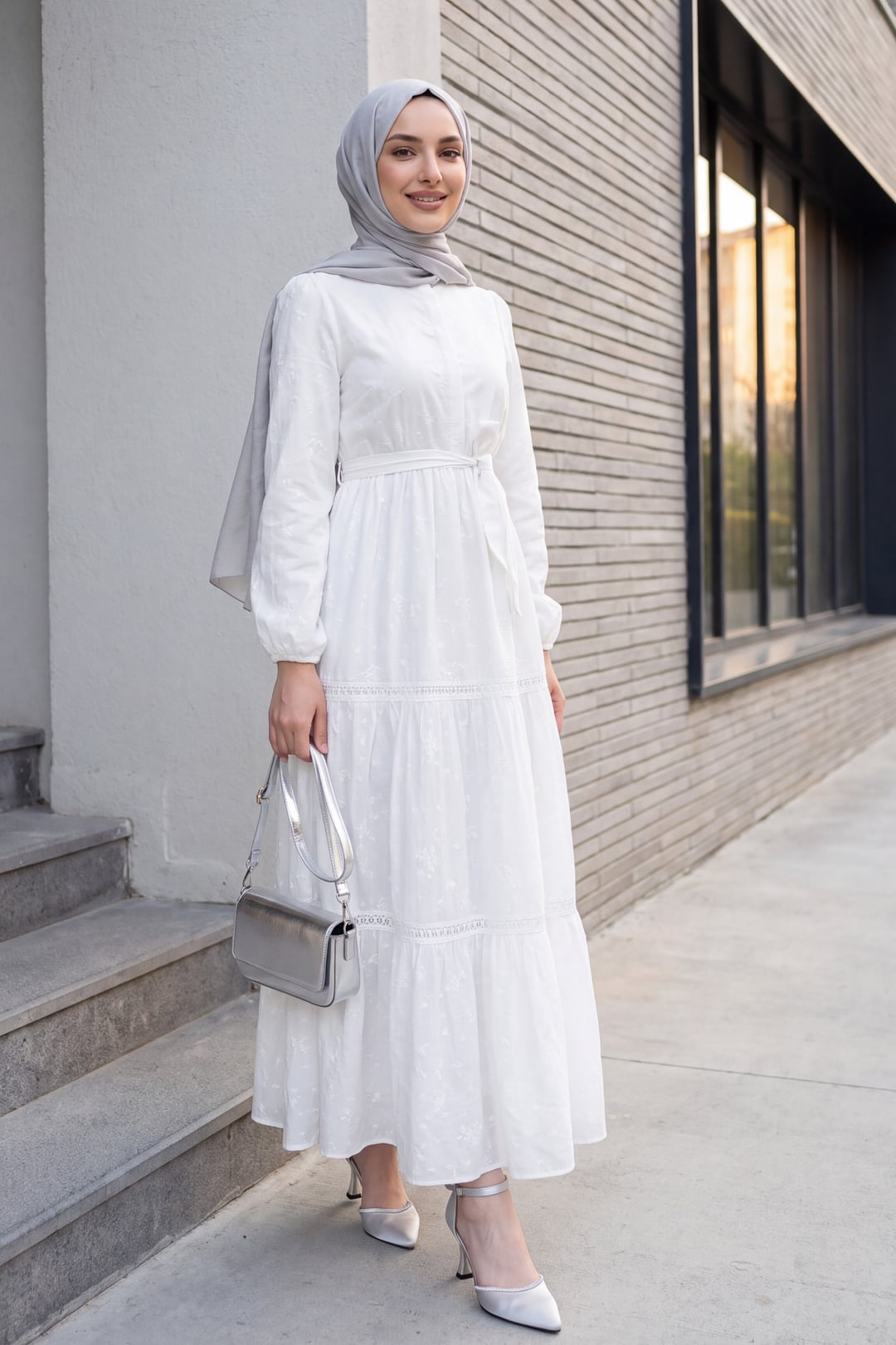 White Floral Embroidered Tiered Maxi Dress with Belt - Podyumplus - by Peralane