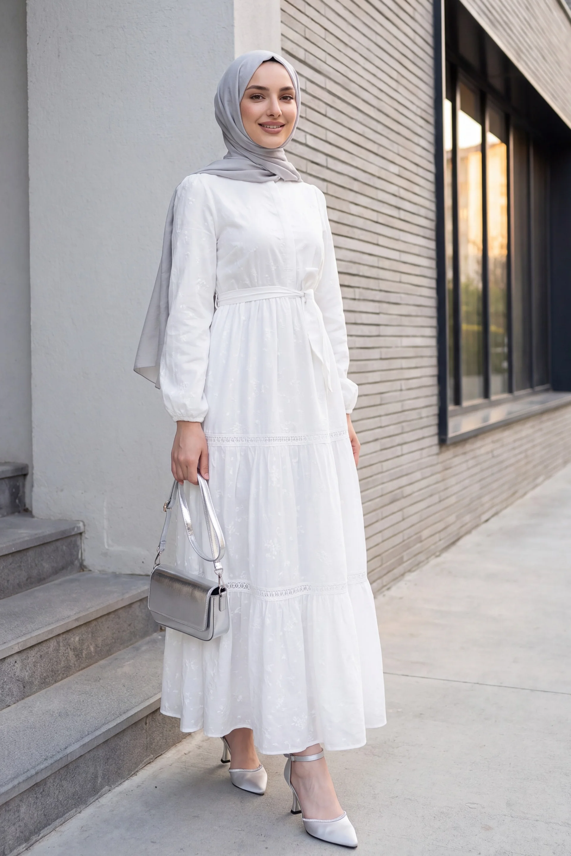 White Floral Embroidered Tiered Maxi Dress with Belt - Podyumplus - by Peralane