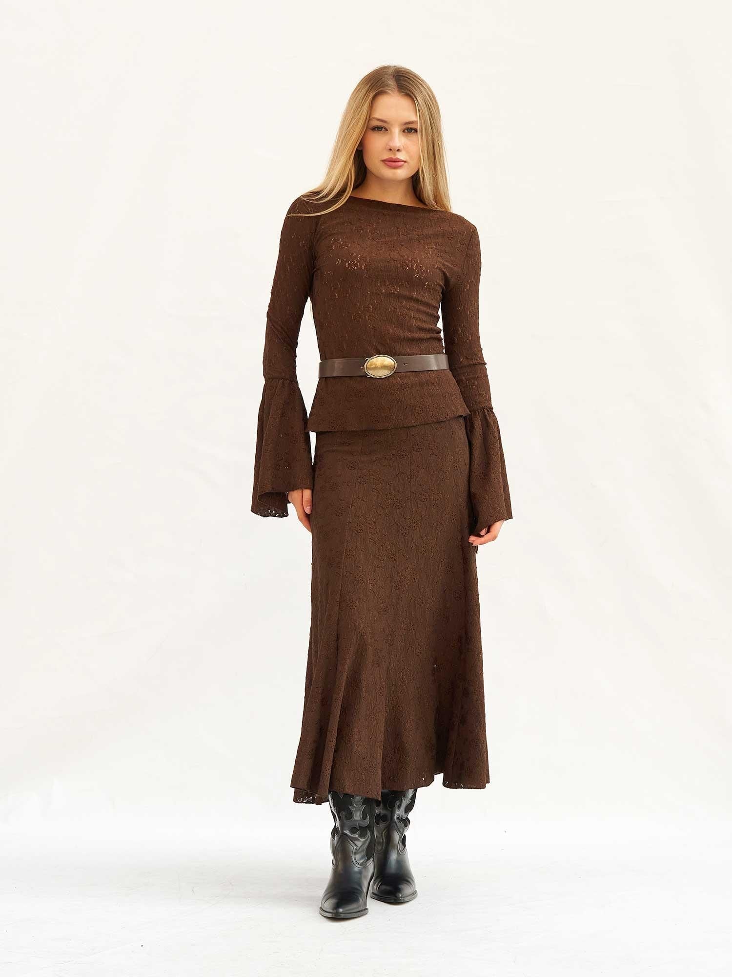 Dark Brown Lace Co-ord Set with Top and Maxi Skirt - Lefon - by Peralane