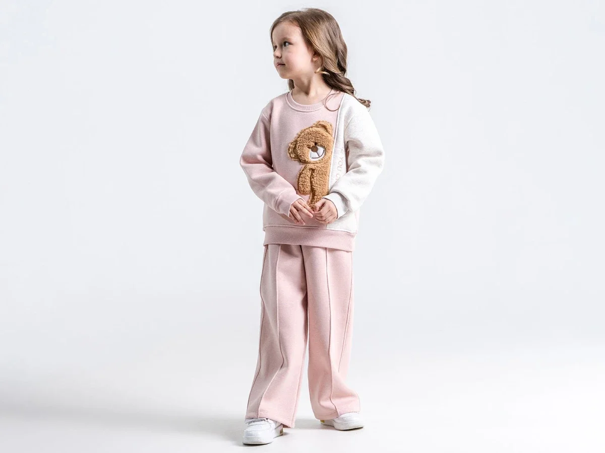 Girls' Teddy Bear Appliqué 3-Thread Brushed Sweatshirt and Trousers Set - Pampal Kids - by Peralane