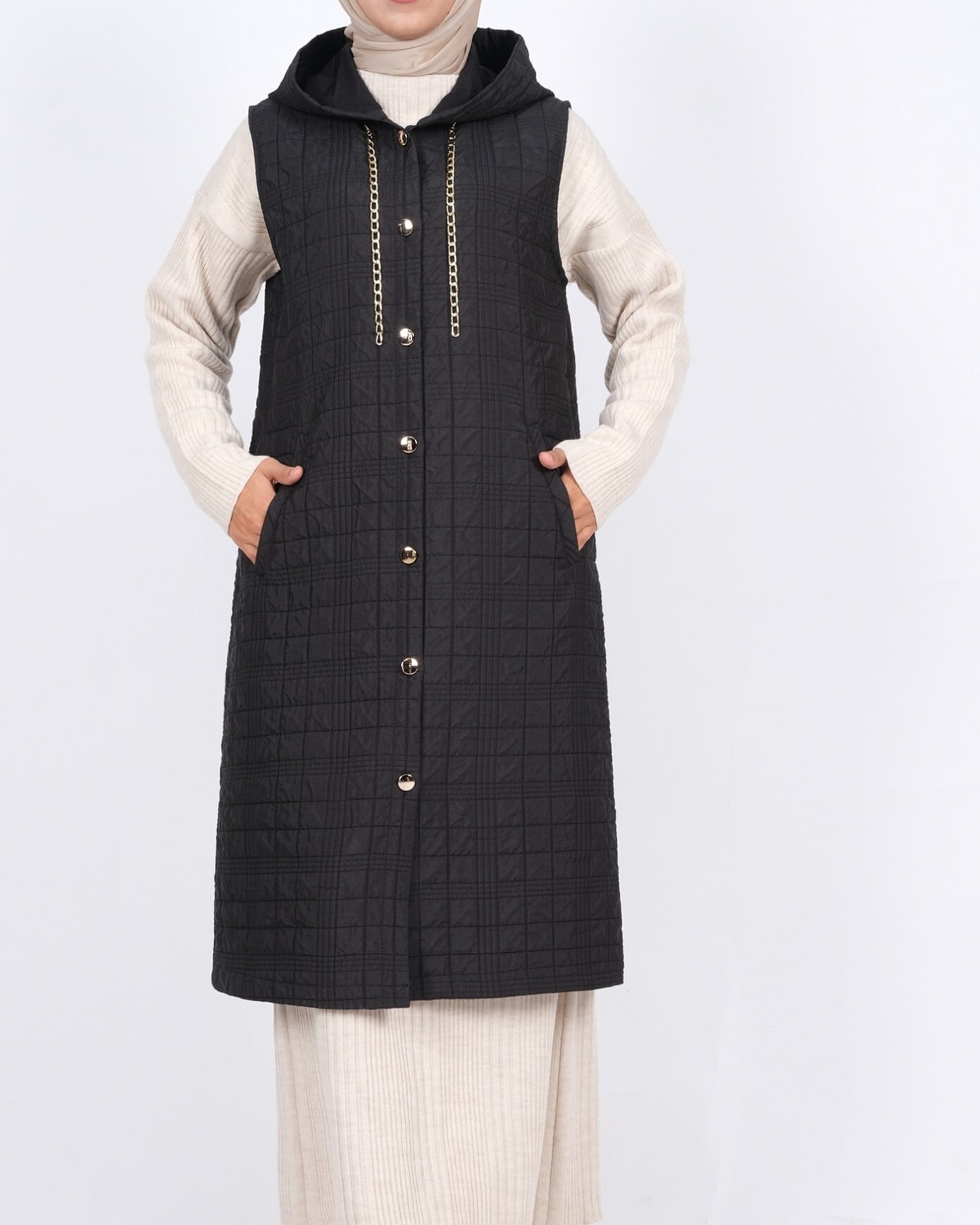 Hooded Quilted Vest with Chain Detail - Black - Podyumplus - by Peralane - photo 3