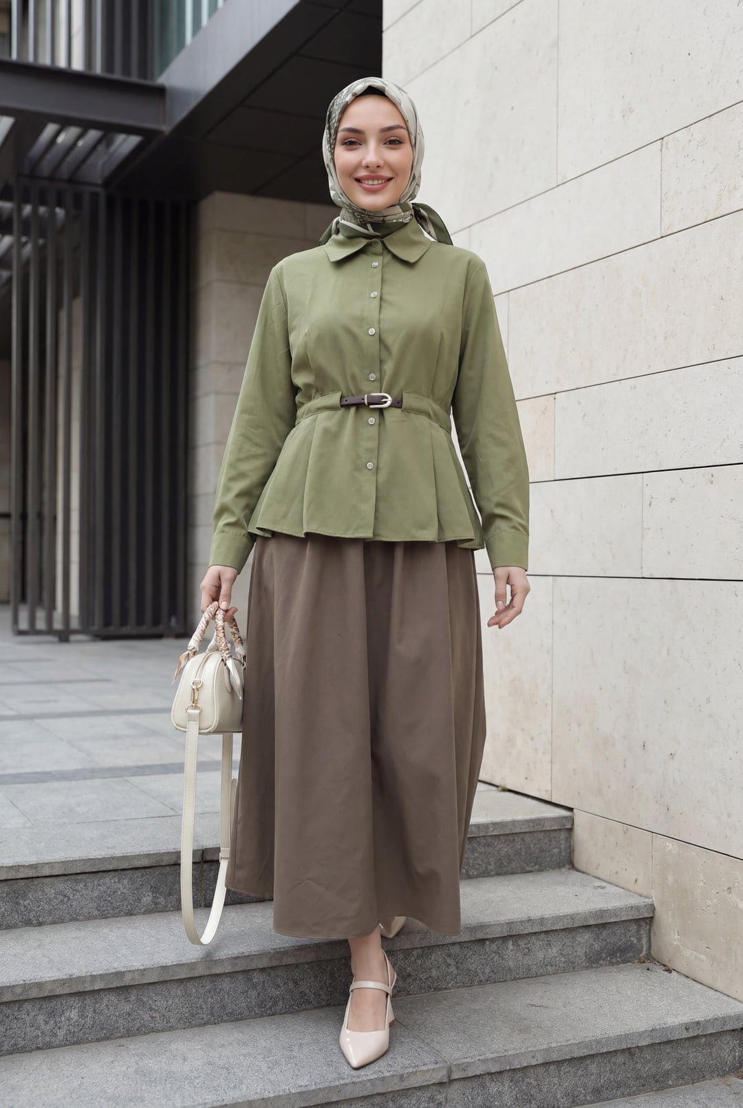 Belted Pleated Long Sleeve Blouse - Olive Green - Podyumplus - by Peralane - photo 3