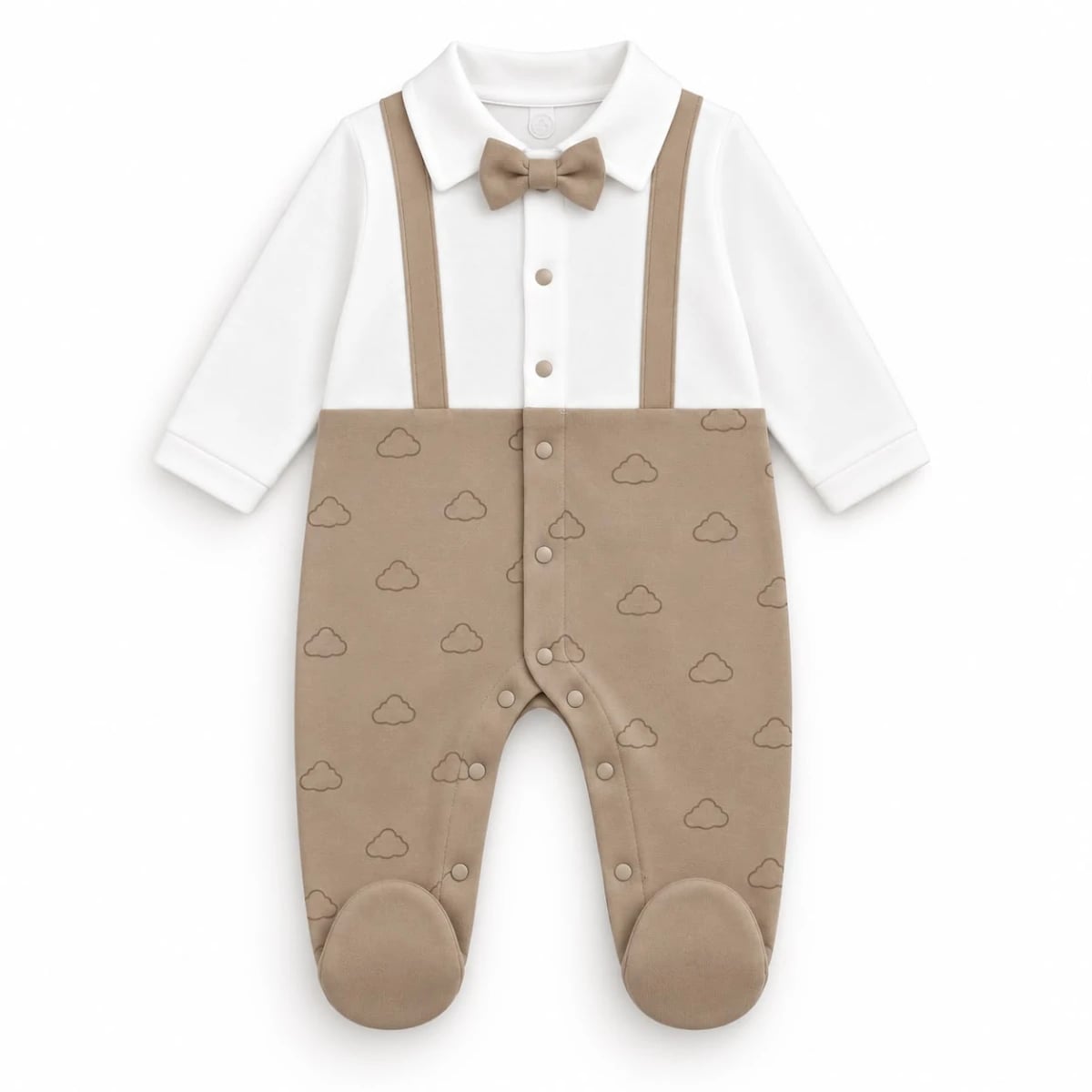 Baby Cloud Print Long Romper with Bow Tie - Beige - Safera - by Peralane