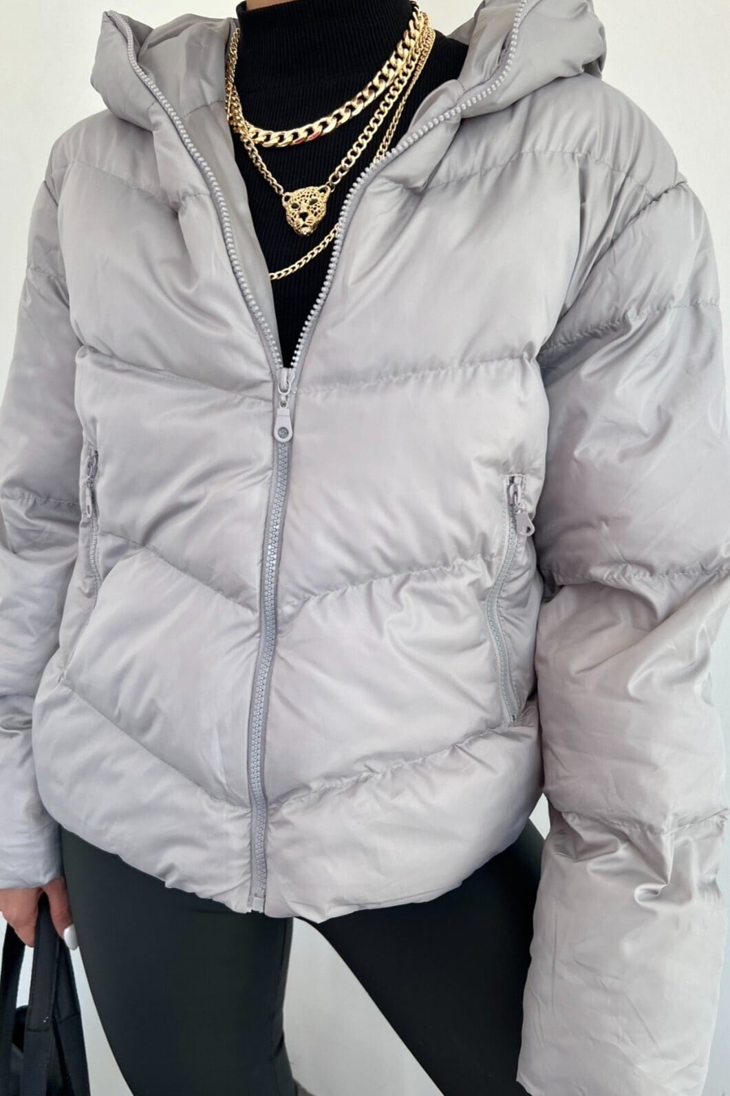 Women's Fixed Hooded Zip-Up Winter Puffer Jacket - Grey - Podyumplus - by Peralane