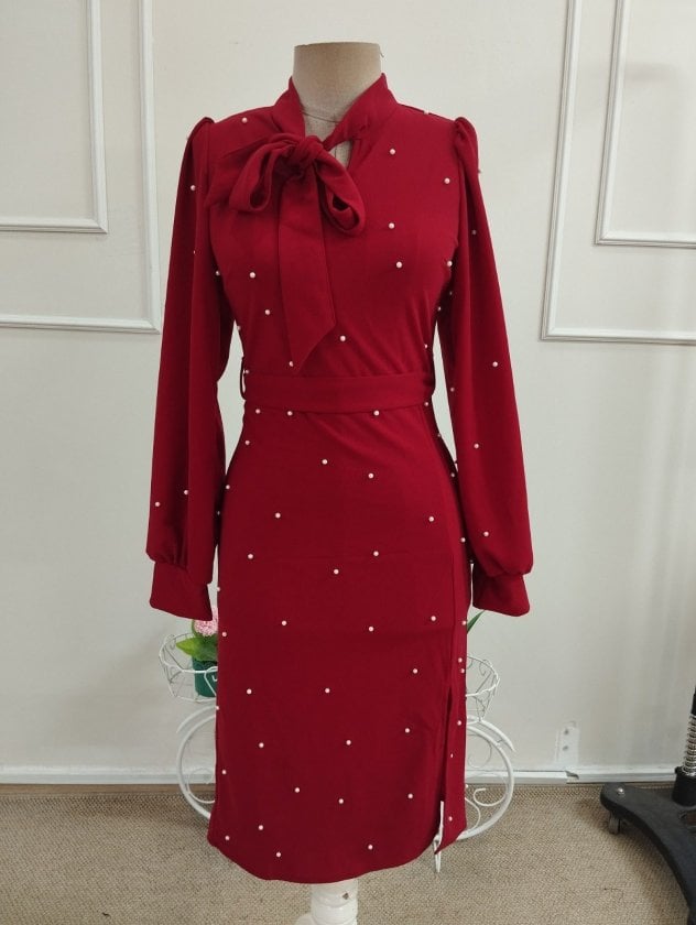 Women's Long Sleeve Bow Neckline Side Slit Pearl Embellished Midi Crepe Dress in Red - Janes - by Peralane - photo 4