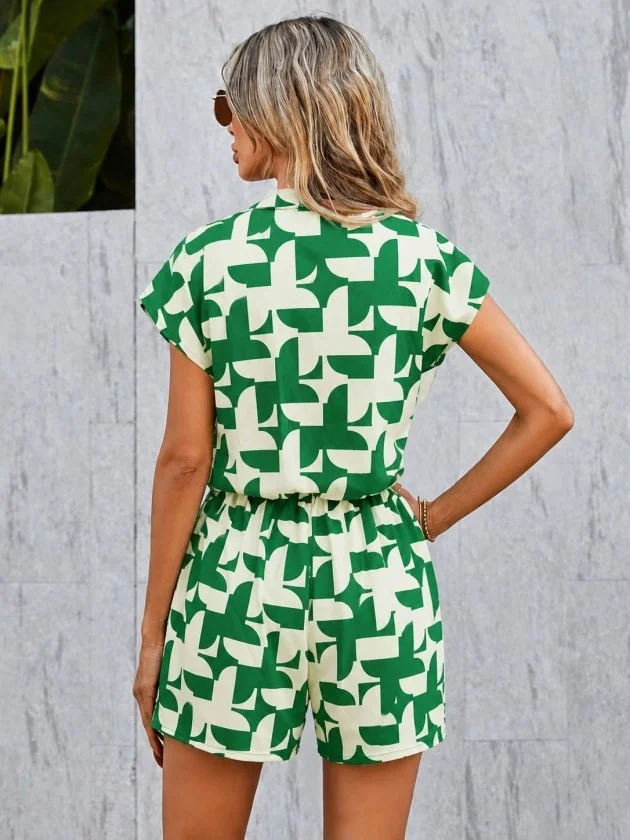 Women's Short-Sleeve V-Neck Collared Buttoned Patterned Short Modal Jumpsuit - Janes - by Peralane - photo 2