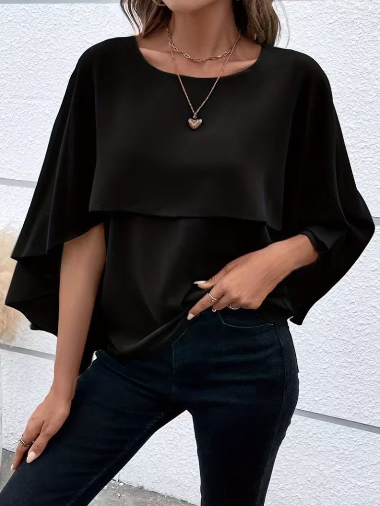Women's Black Short-Sleeved Round Neck Wide-Cut Batwing Sleeve Blouse - Janes - by Peralane
