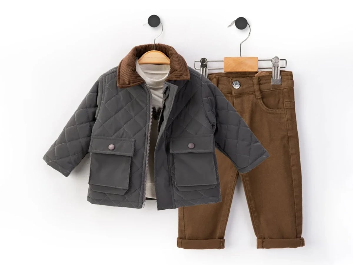 Boys' Quilted Jacket and Trousers Set - Grey and Brown - Beyaz Bebek - by Peralane