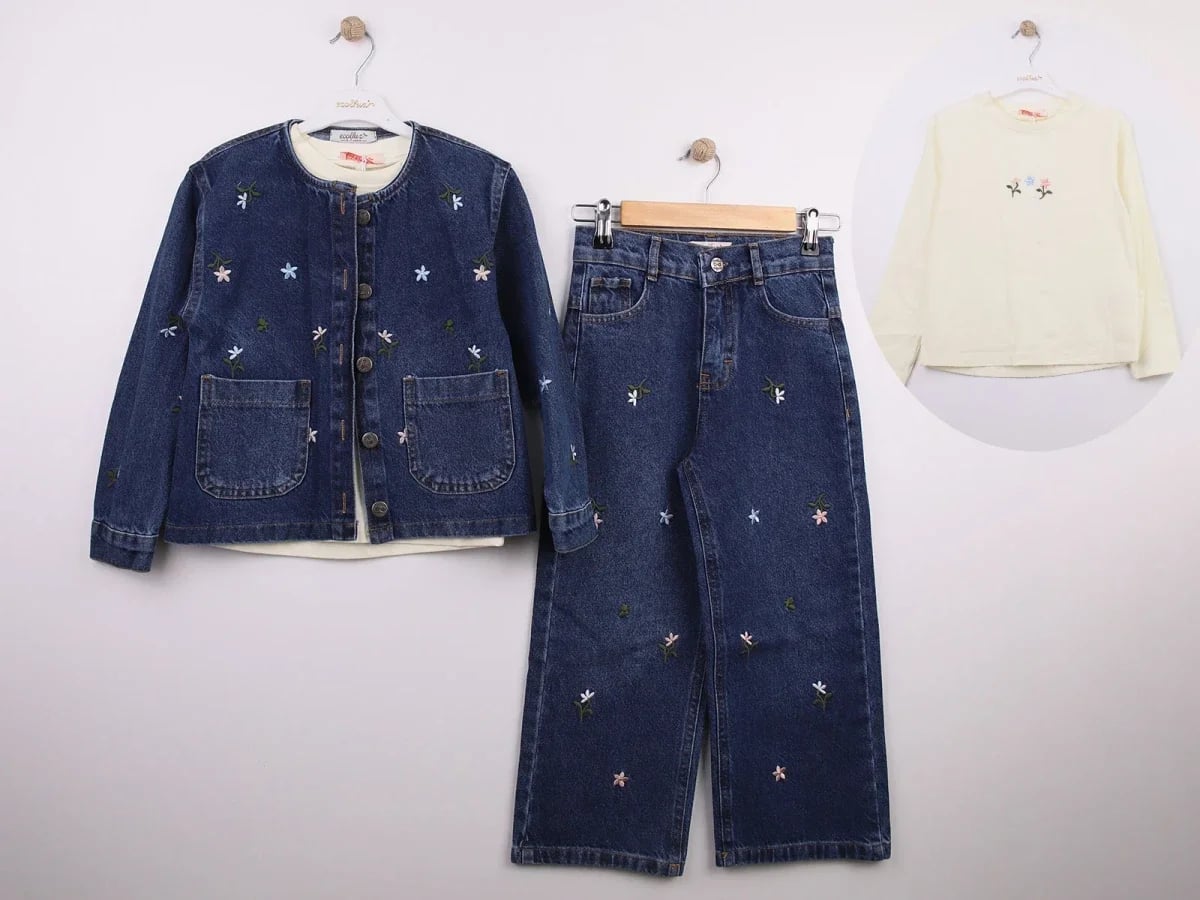 Girls' Floral Embroidered Denim Jacket and Trousers Set with T-Shirt (4 Pieces) - Ecolkiz - by Peralane