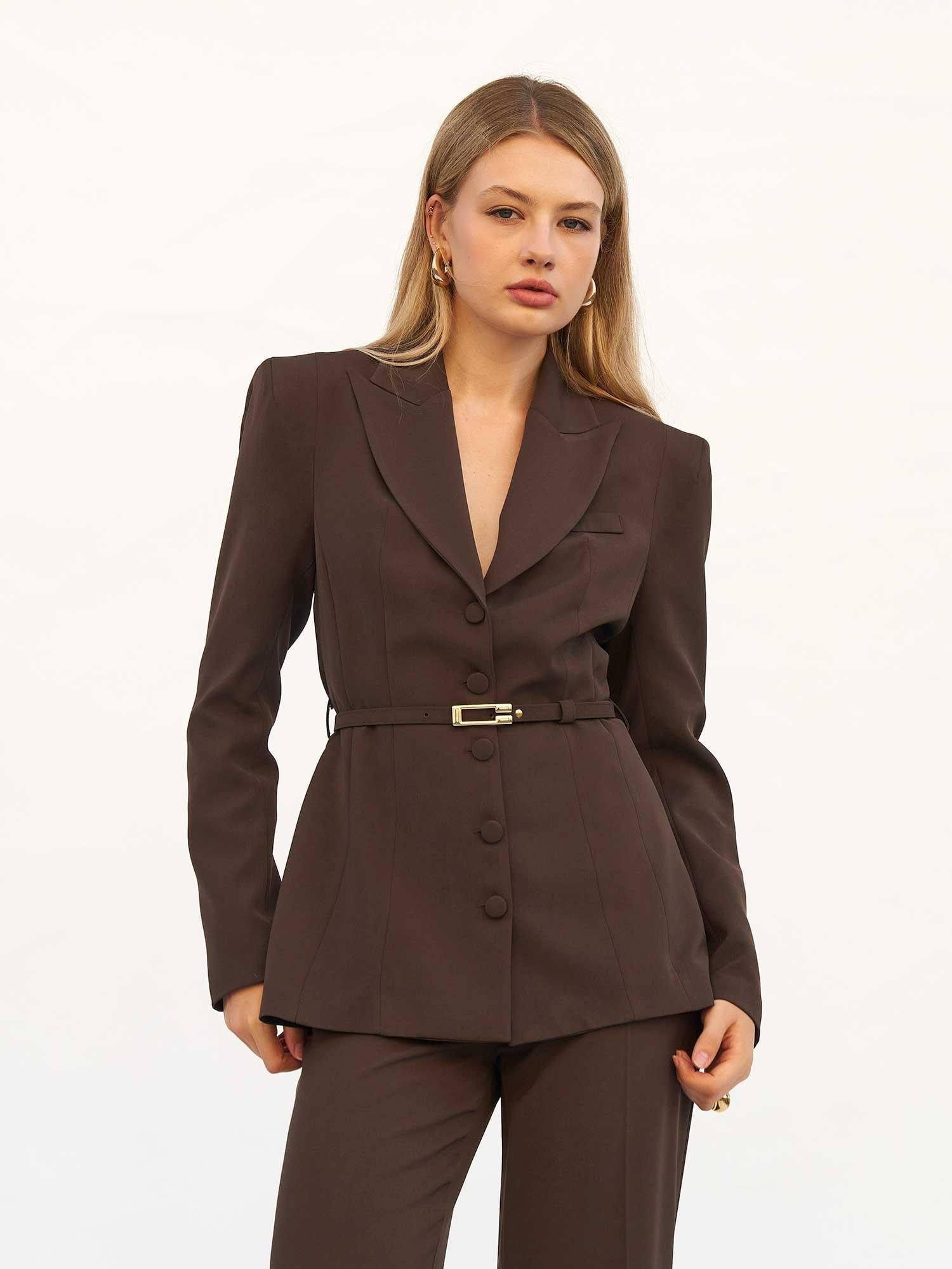 Brown Belted Blazer and Straight-Leg Trousers Set - Lefon - by Peralane