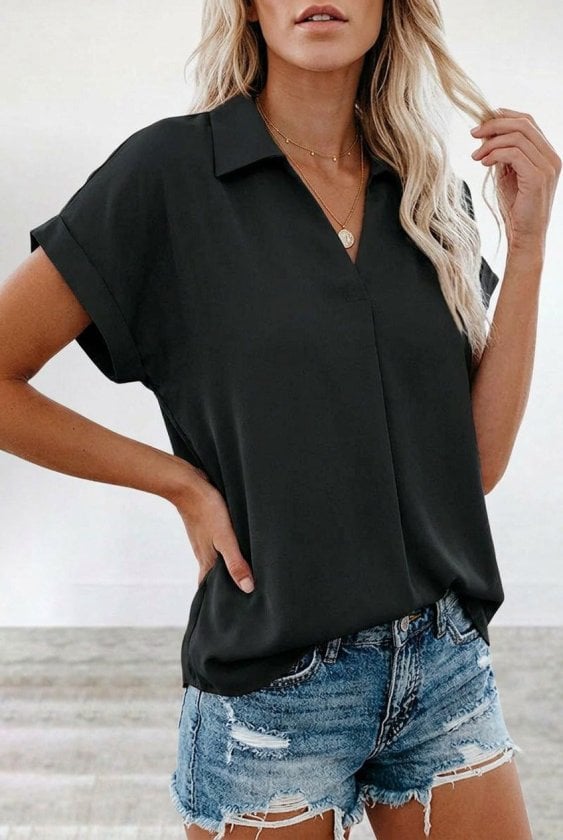 Women's Short-Sleeved V-Neck Collared Woven Viscose Blouse in Black - Janes - by Peralane - photo 2