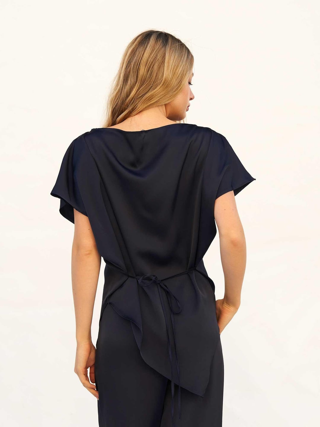 Navy Blue Satin Blouse and Trousers Set with Lace Trim - Lefon - by Peralane - photo 6