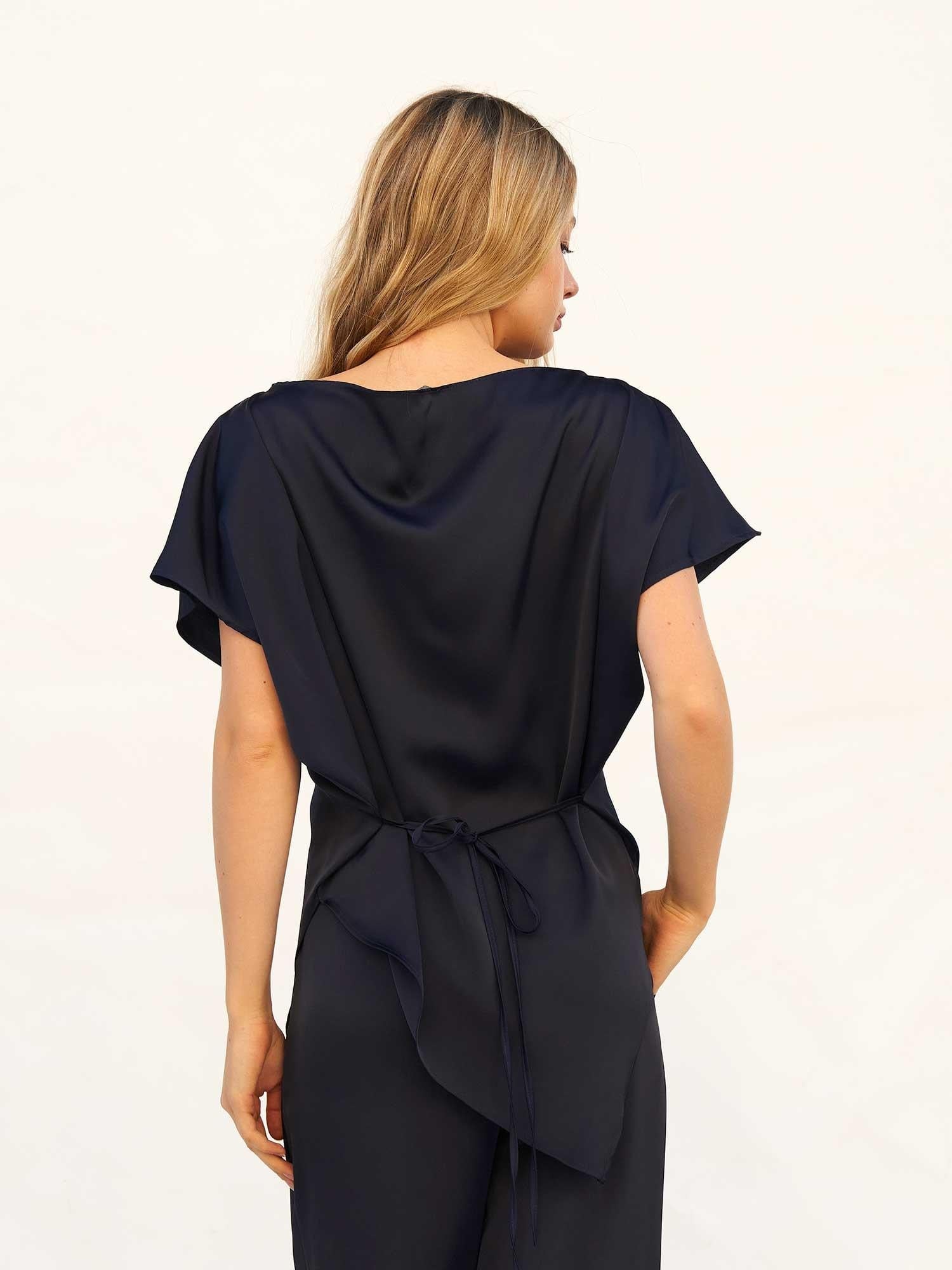 Navy Blue Satin Blouse and Trousers Set with Lace Trim - Lefon - by Peralane - photo 6