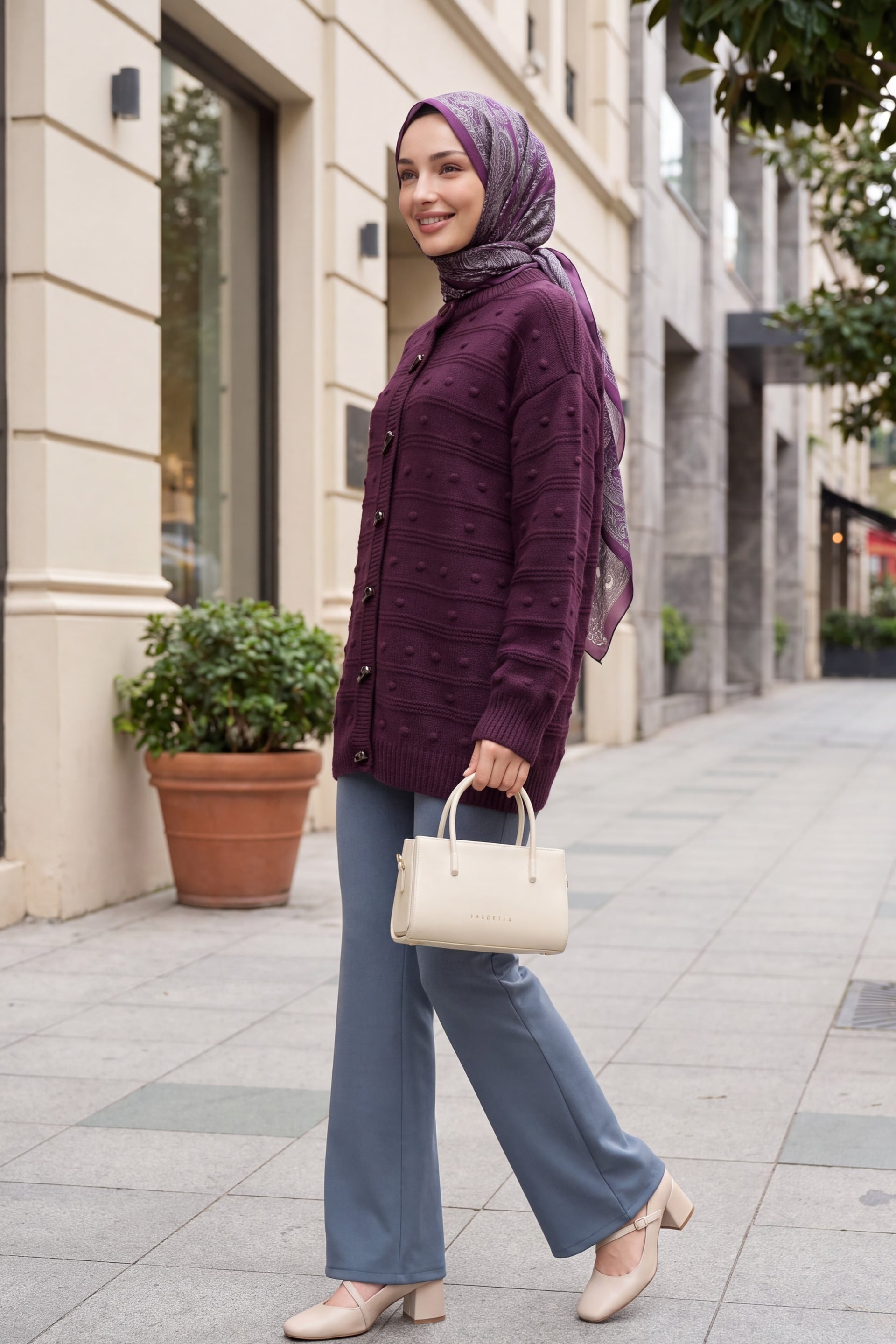 Ivory Button Pom-Pom Detail Loose Knit Cardigan - Plum - Podyumplus - by Peralane - photo 4