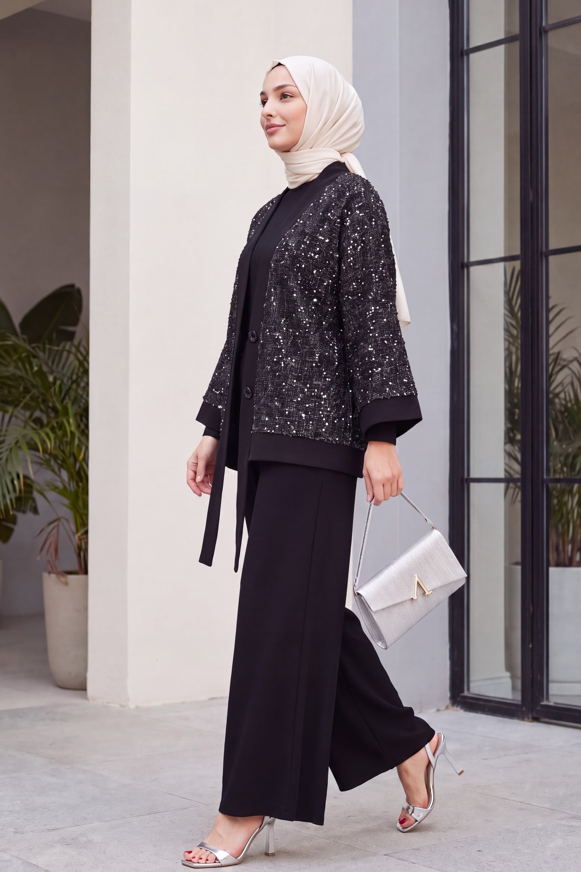 Sequin Mesh Cardigan 3-Piece Women's Modest Set - Black - Podyumplus - by Peralane - photo 3