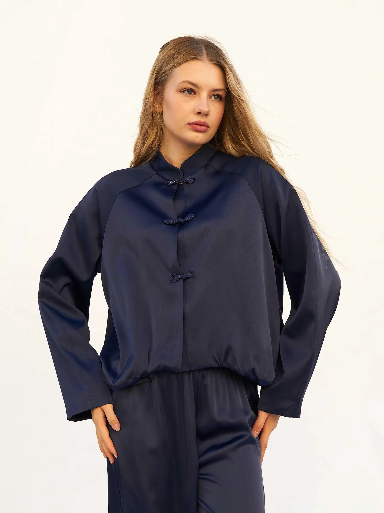 Navy Blue Satin Bomber Jacket with Mandarin Collar - Lefon - by Peralane - photo 2