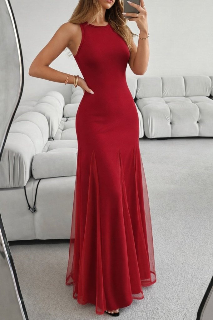 Women's Sleeveless High Neck Long Red Dress with Tulle Detail - Janes - by Peralane - photo 4