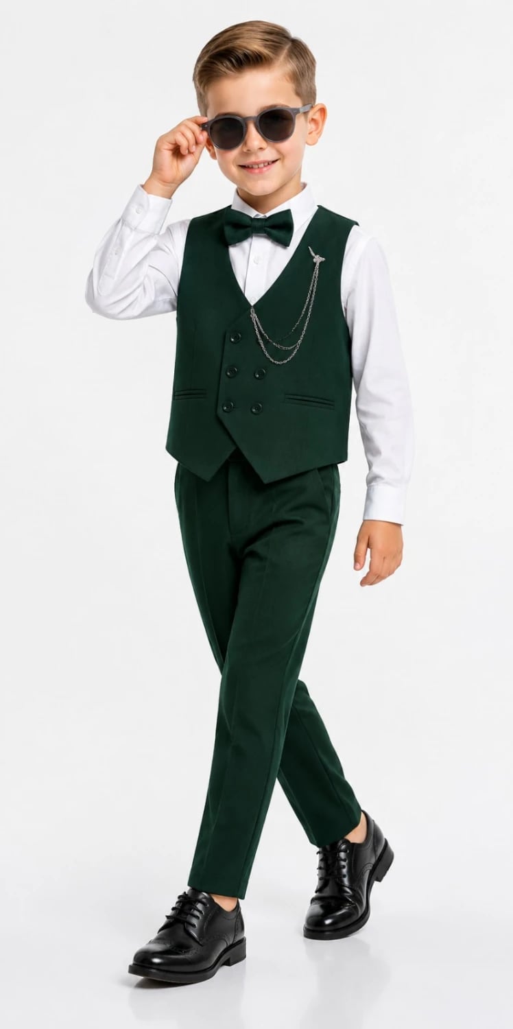 Boys' Knit-Weave Full Suit with 6-Button Vest - Dark Green - Terry - by Peralane