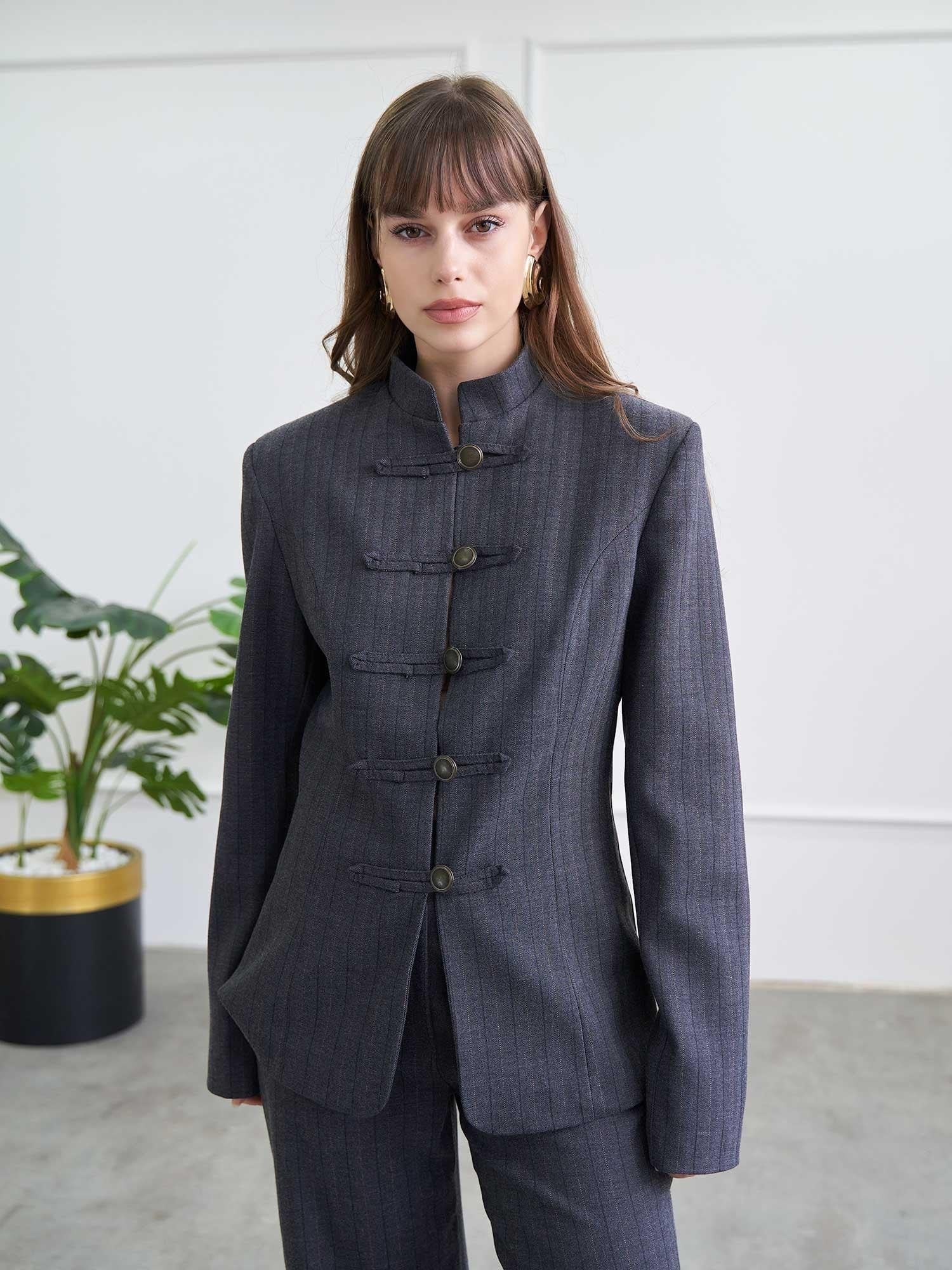 Women's Mandarin Collar Pinstripe Jacket and Wide-Leg Trousers Co-ord Set - Lefon - by Peralane - photo 7