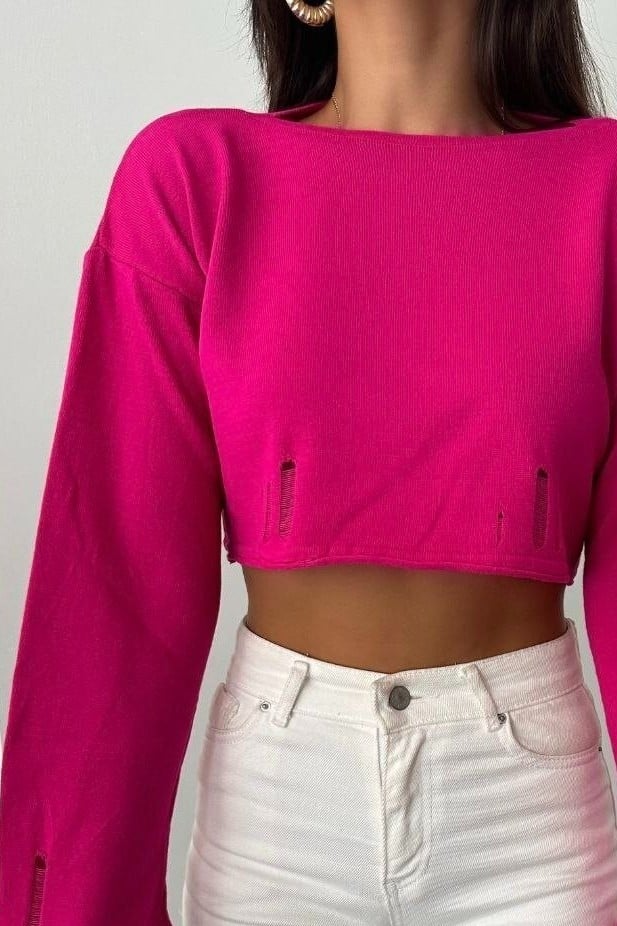 Fuchsia Ribbed Knit Crop Sweatshirt with Boat Neck - Podyumplus - by Peralane