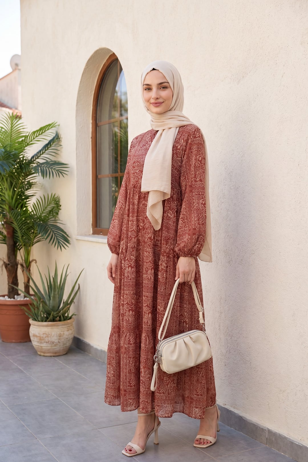 Half Button Mixed Print Sleeve Elastic Dress - Rust - Podyumplus - by Peralane - photo 4