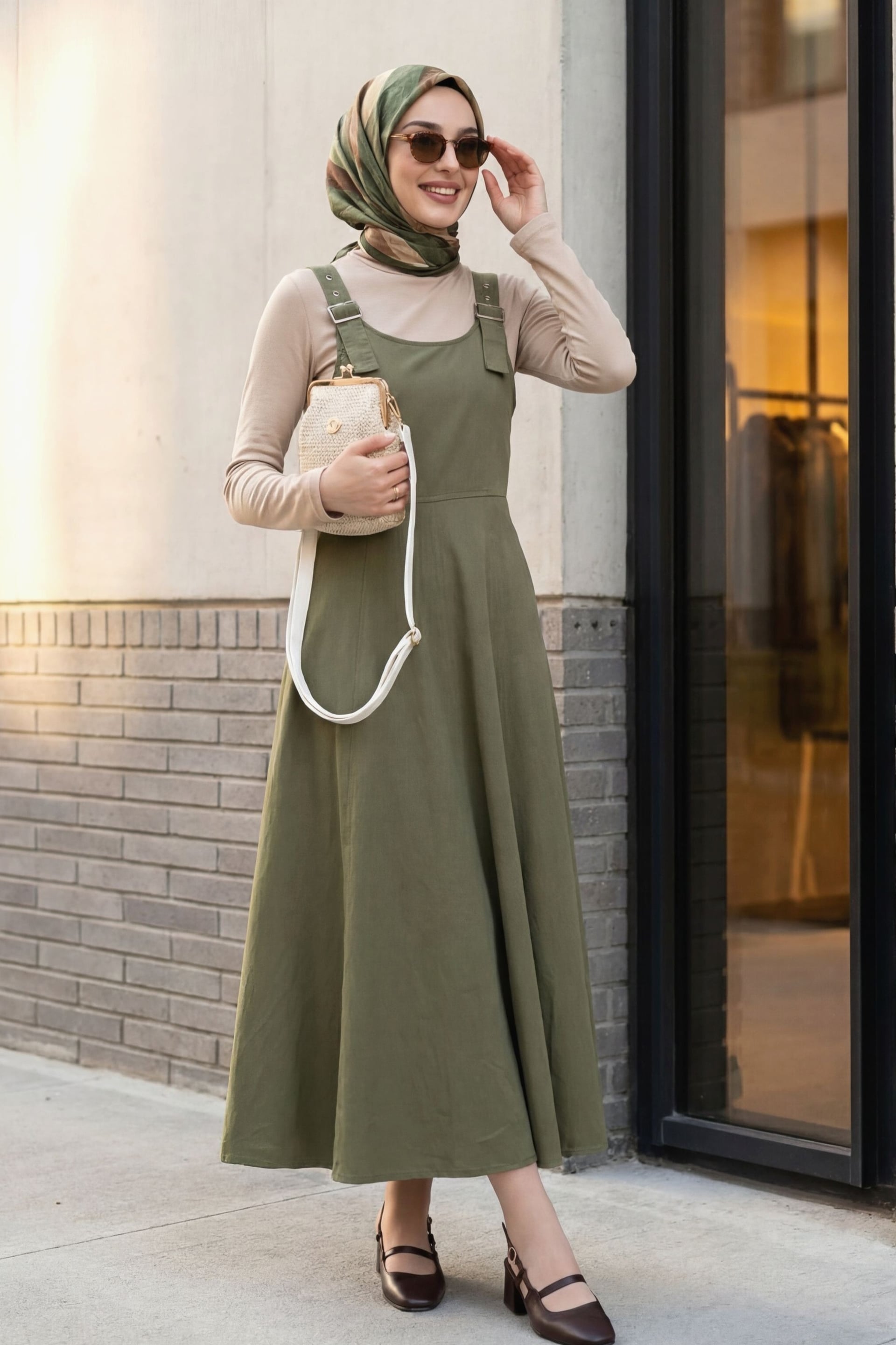 Olive Green Half Zip Strap Gabardine Pinafore Dress - Podyumplus - by Peralane