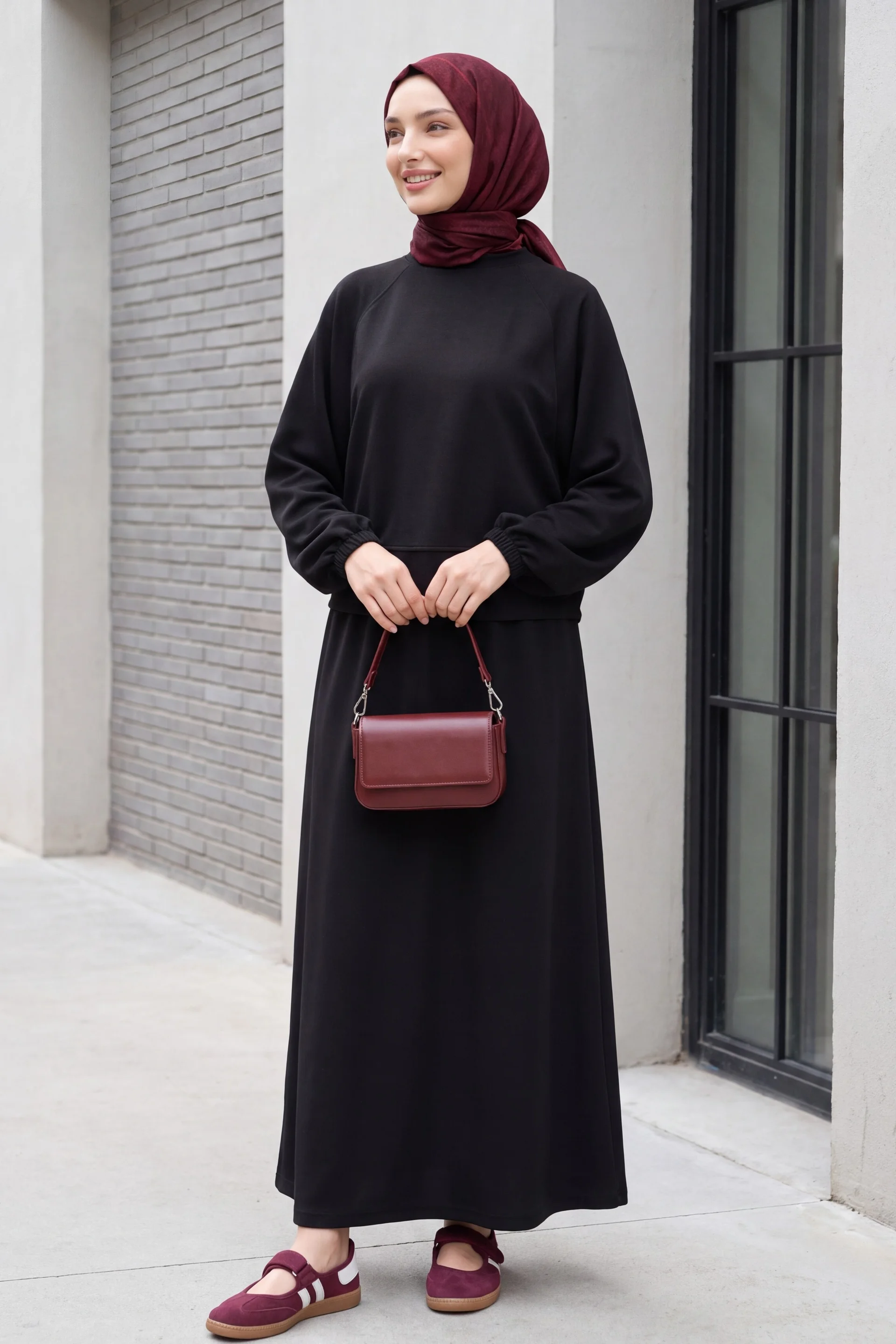 Black Batwing Sleeve Crew Neck Two-Piece Sweatshirt and Skirt Set - Podyumplus - by Peralane - photo 2