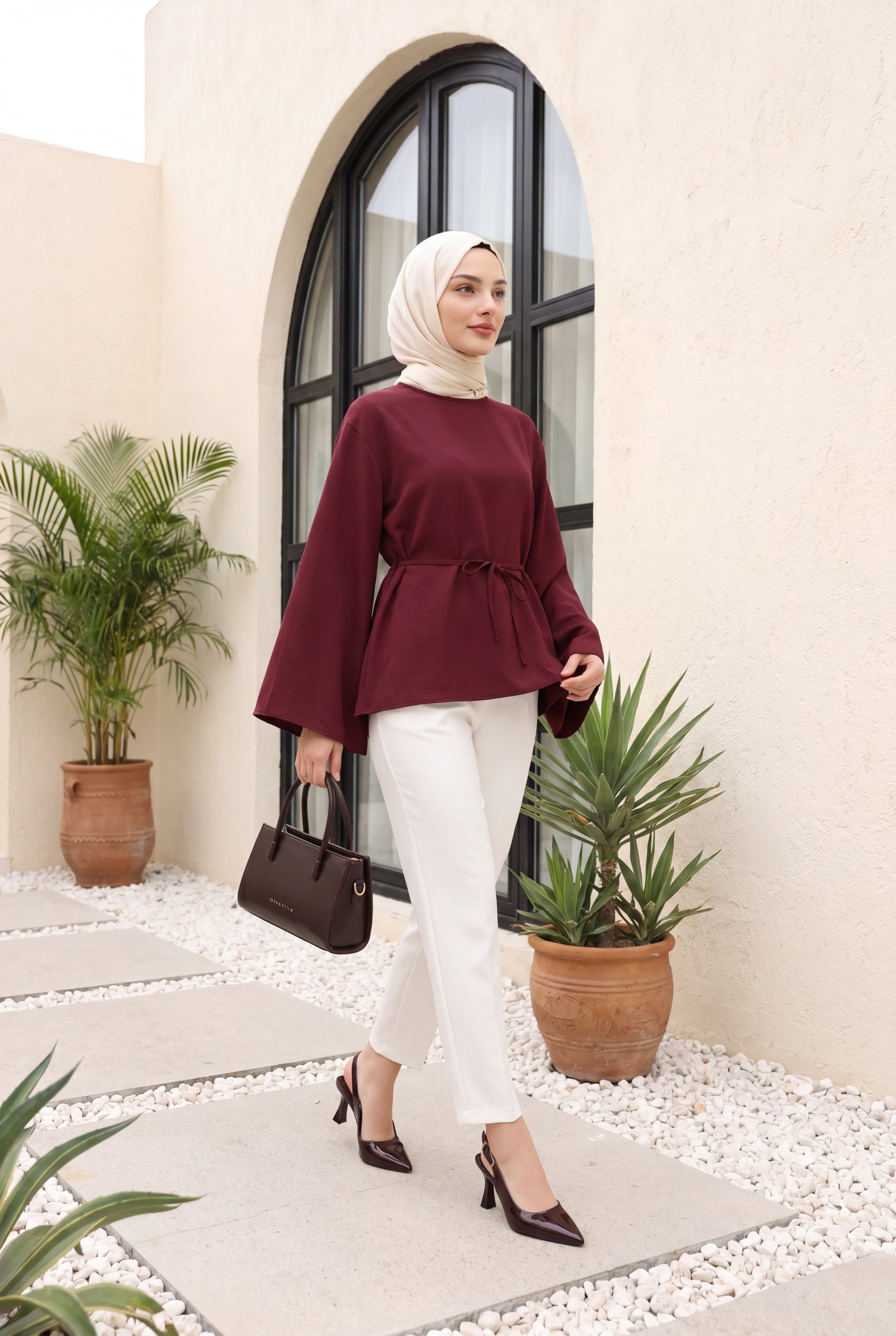 Burgundy Asymmetric Tie-Waist Oversize Modal Tunic - Podyumplus - by Peralane - photo 4