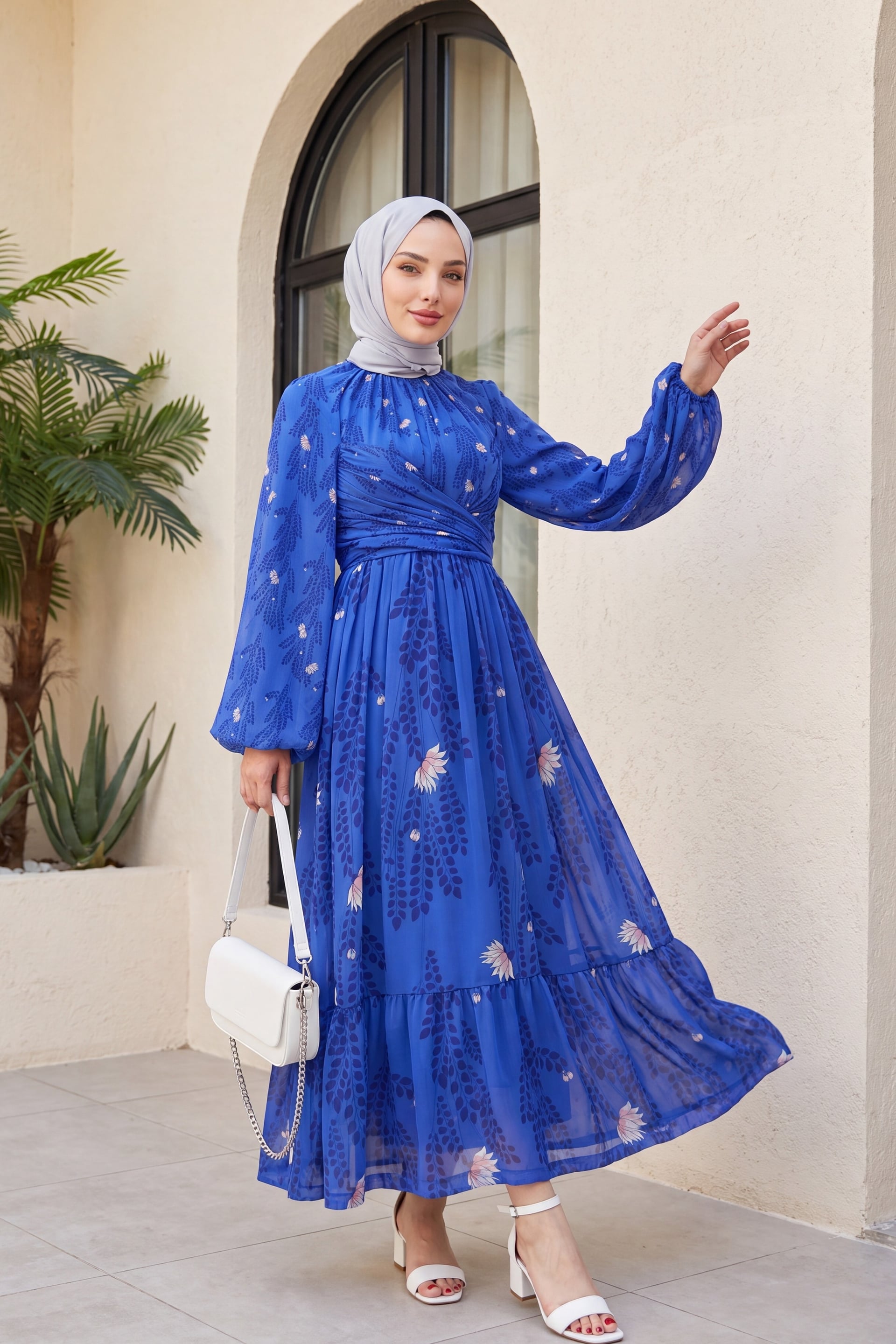 Balloon Sleeve Lined Chiffon Dress with Ruched Waist and Neck - Saks - Podyumplus - by Peralane - photo 4