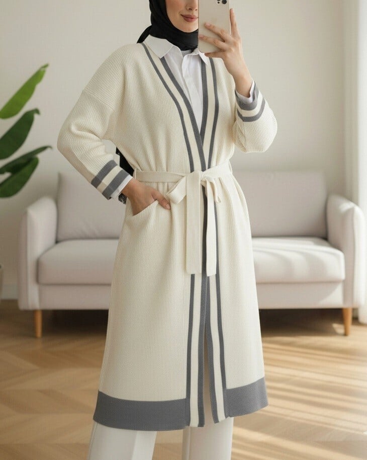 Striped Trim Knit Cardigan with Belt - Smoke Grey - Podyumplus - by Peralane - photo 2