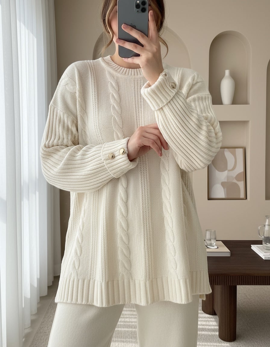 Cable Knit Sweater and Wide-Leg Trouser Set - Ecru - Podyumplus - by Peralane - photo 3