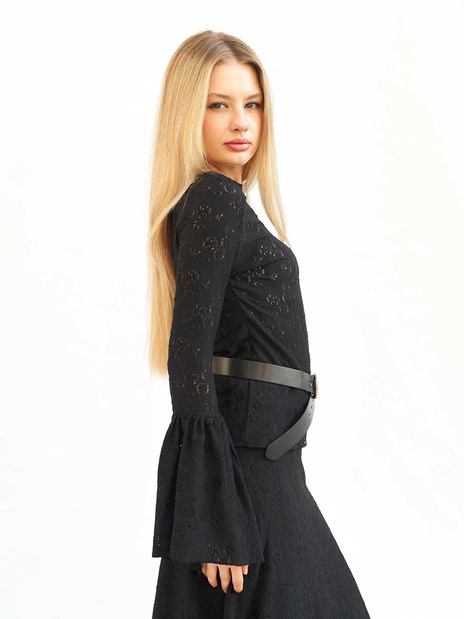 Black Lace Textured Blouse and Maxi Skirt Set with Belt - Lefon - by Peralane - photo 5