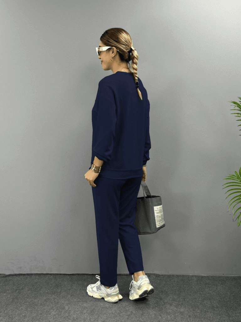 Women's Navy Blue Long Sleeve Crew Neck Viscose Two-Thread Sweatshirt and Trousers Lounge Set - Janes - by Peralane - photo 3