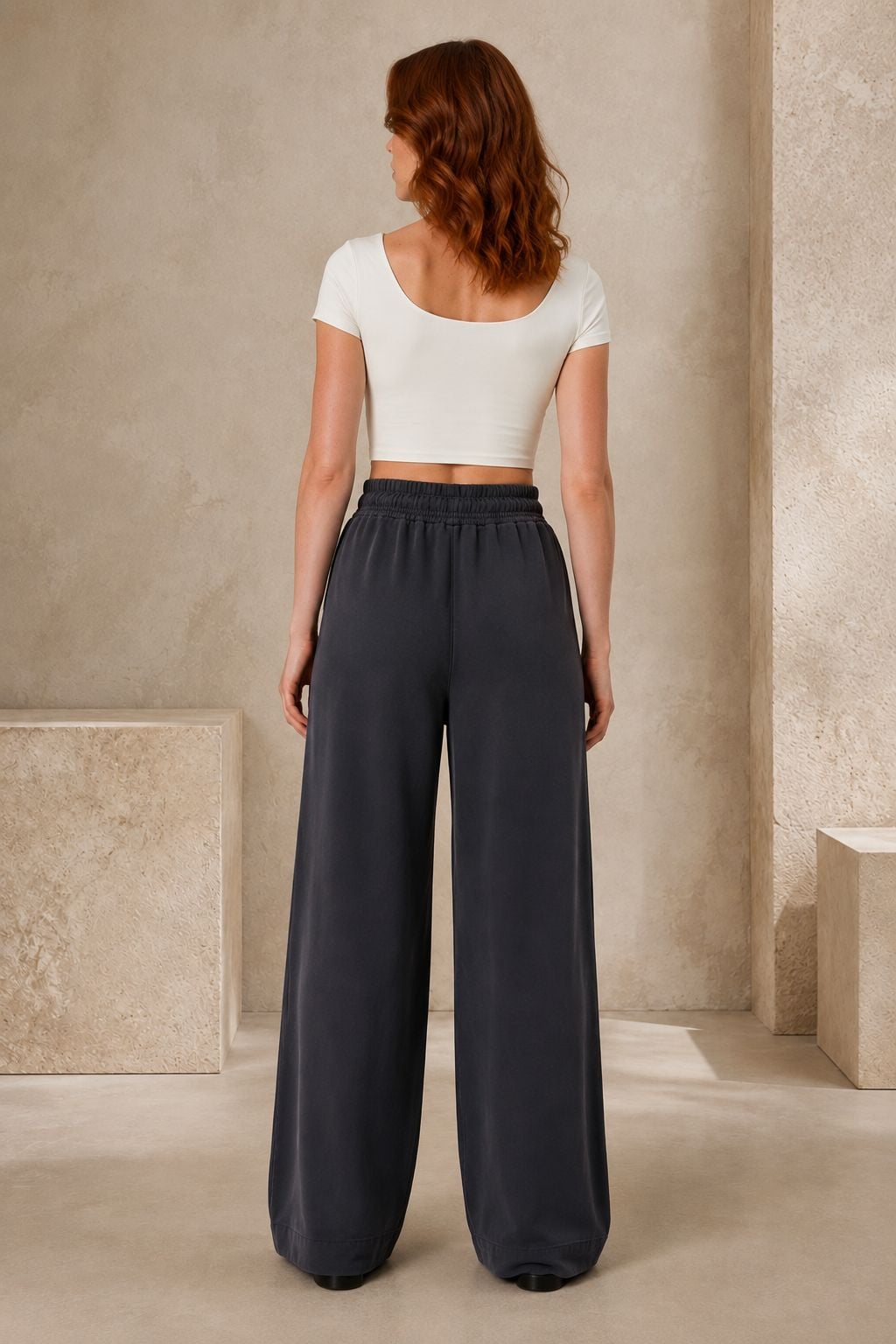 Ribbed Crop Top and Drawstring Wide-Leg Trousers Set - Anthracite - Xlove - by Peralane - photo 3