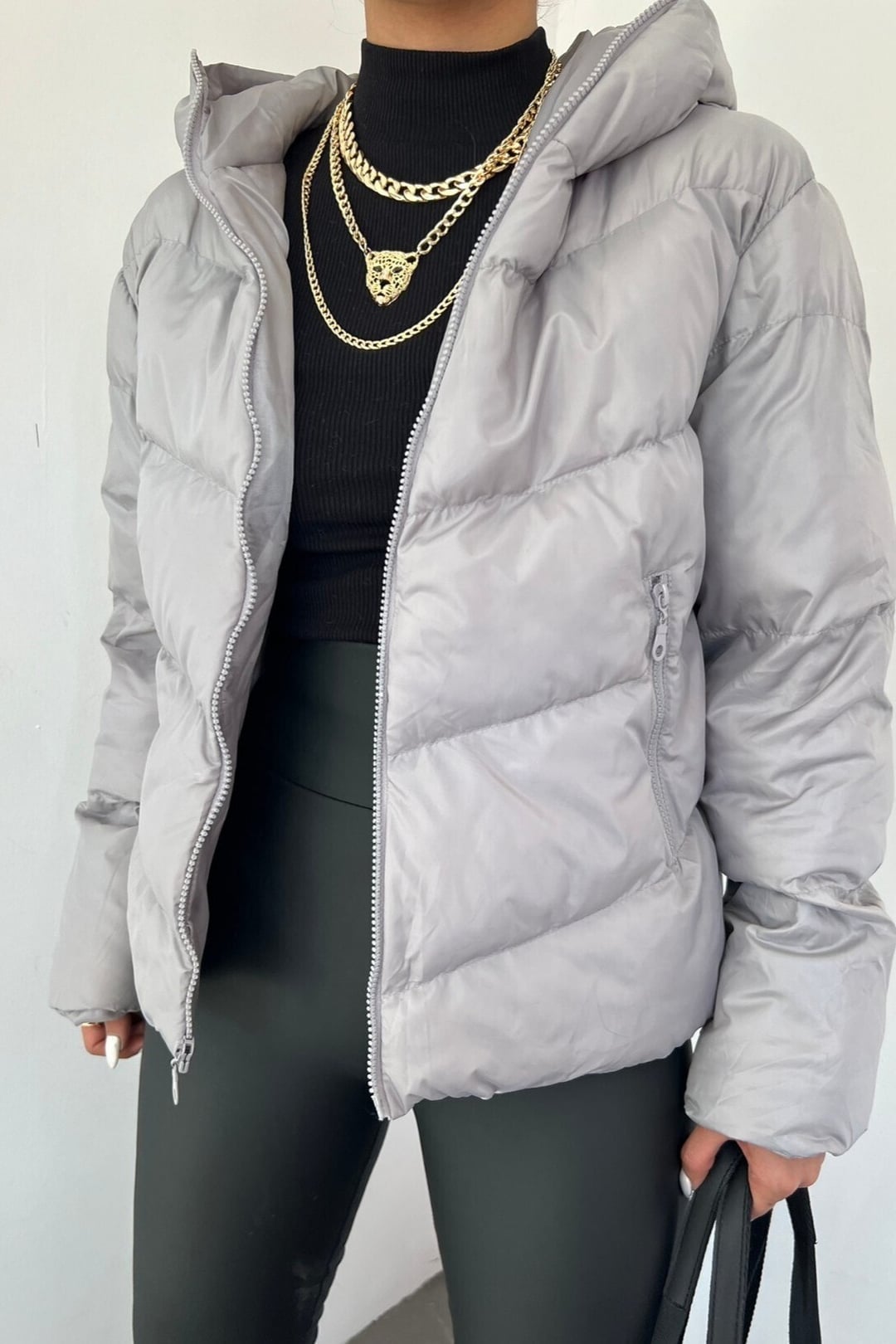 Women's Fixed Hooded Zip-Up Winter Puffer Jacket - Grey - Podyumplus - by Peralane - photo 2