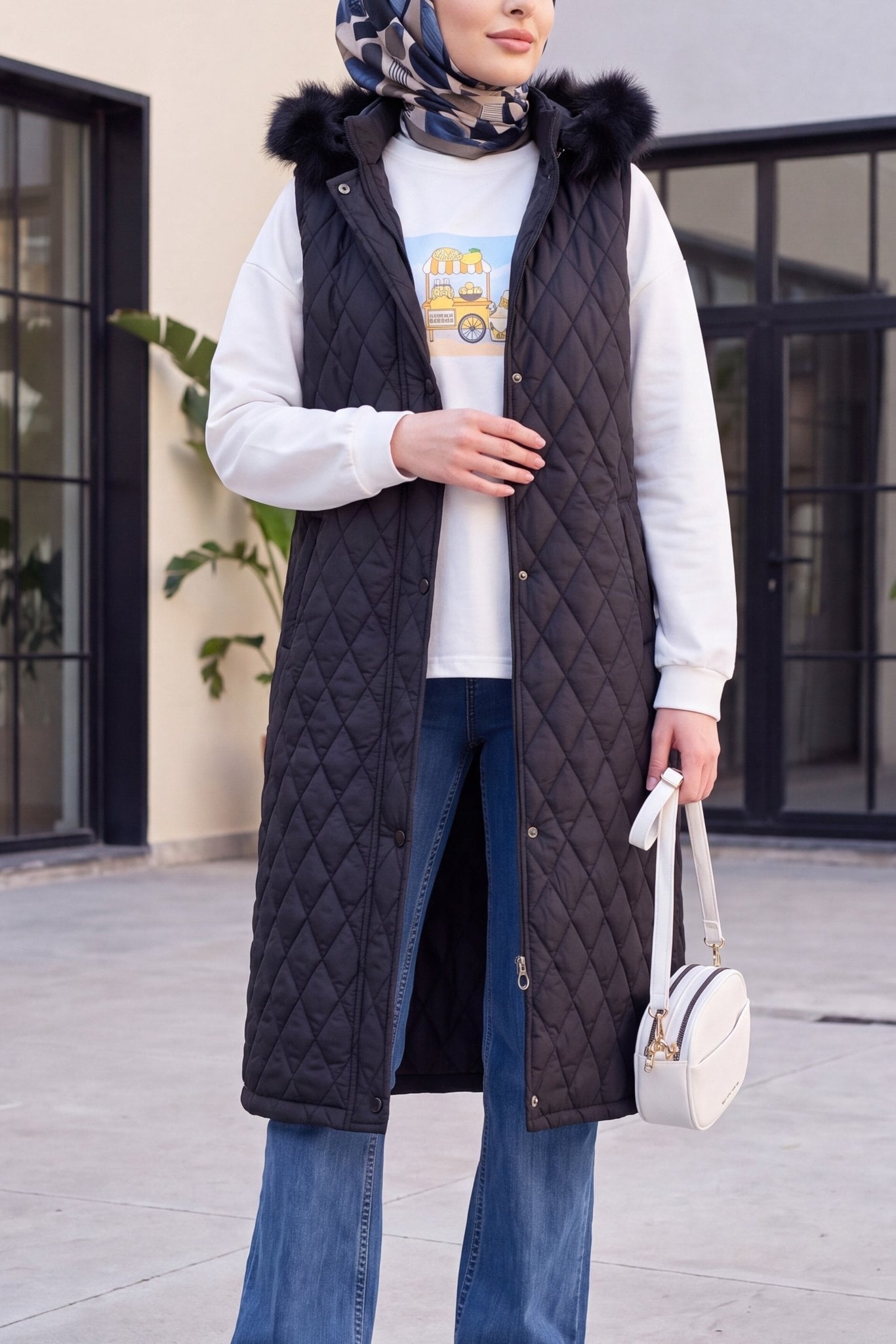 Longline Quilted Hooded Vest with Faux Fur Trim - Black - Podyumplus - by Peralane - photo 6