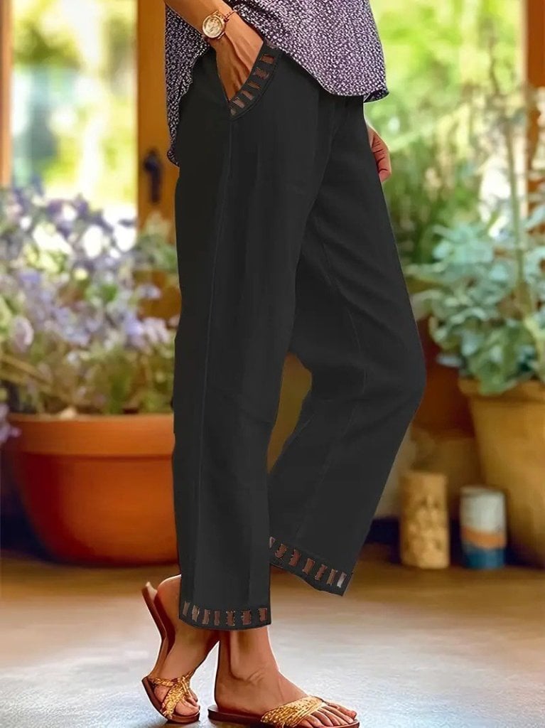 Women's Black Elastic Waist Drawstring Trousers with Lace Hem Detail - Janes - by Peralane - photo 3