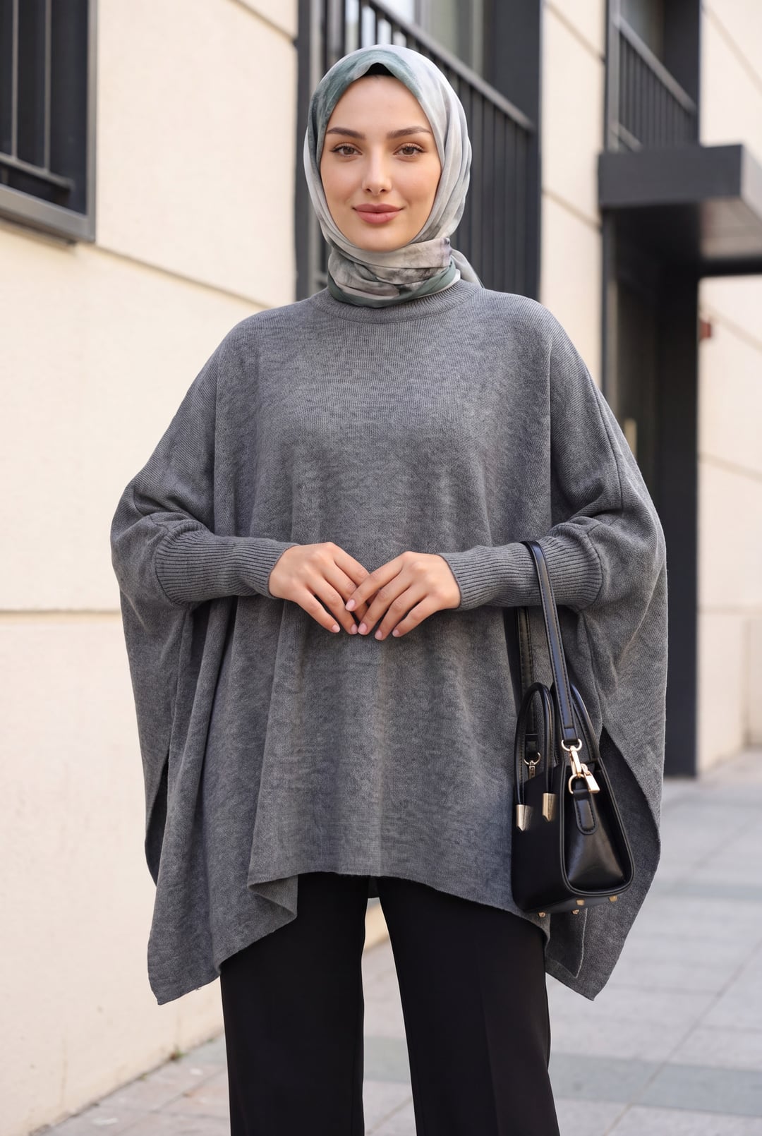 Oversize Poncho Knit Sweater with Side Slits - Light Grey - Bigdart - by Peralane - photo 4