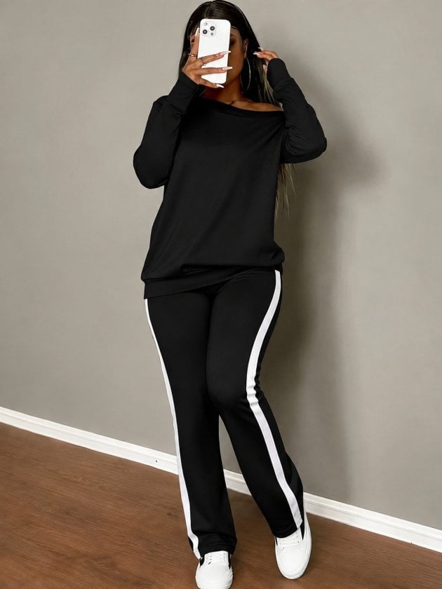 Women's Black Loungewear Set with Striped Sweatshirt and Trousers - Janes - by Peralane