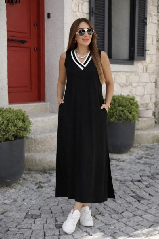 Women's Sleeveless V-Neck Jersey Maxi Dress with Pockets - Janes - by Peralane