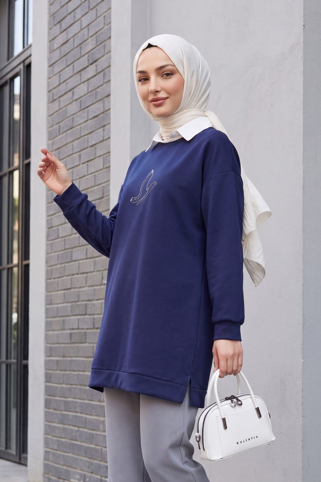 Navy Blue Bird Motif Embellished Tunic - Podyumplus - by Peralane