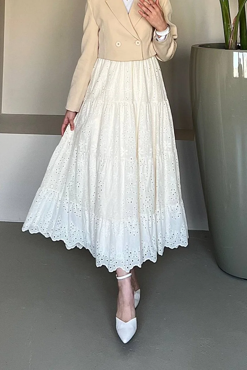White Eyelet Tiered Skirt with Floral Embroidery - Podyumplus - by Peralane