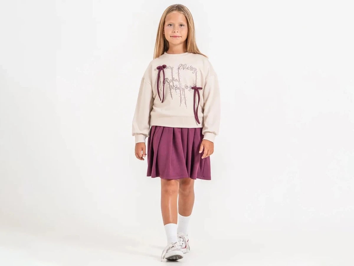 Girls' Ribbon Detail Sequin Sweatshirt and Pleated Skirt Set - ÖZ Bebe - by Peralane