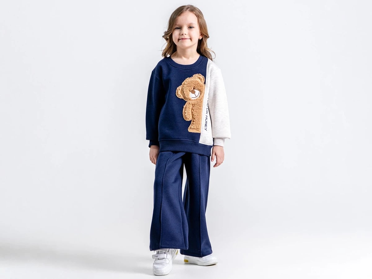 Navy Bear Appliqué Girls' Sweatshirt and Trousers Set - Pampal Kids - by Peralane